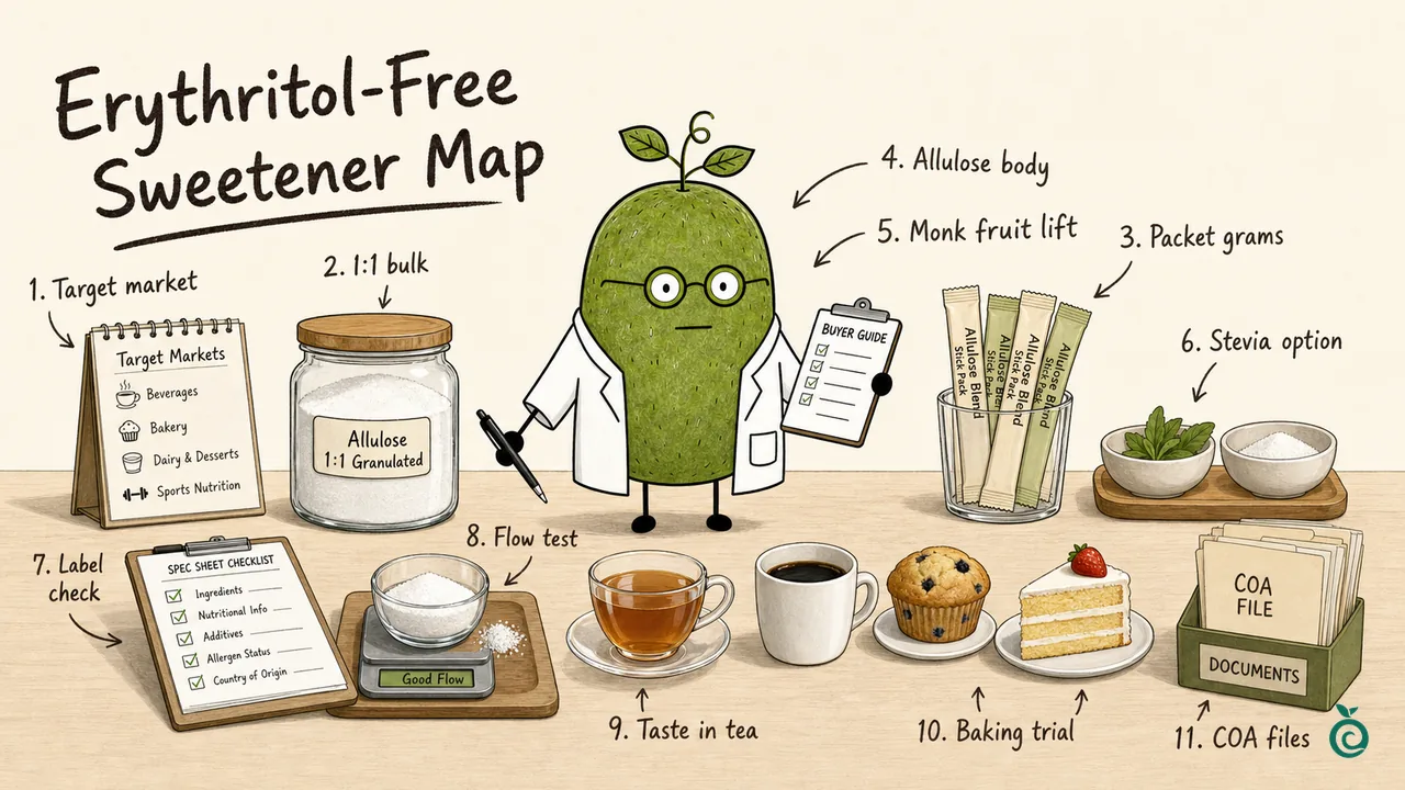 Ian Xiaohei illustration about erythritol-free allulose monk fruit tabletop sweetener sample planning.