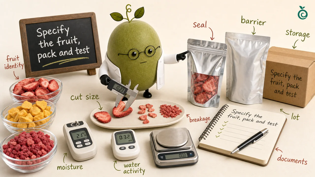 Green Monk Fruit Doctor Xiaohei checking freeze-dried fruit piece size, breakage, water activity and pouch seal specifications.