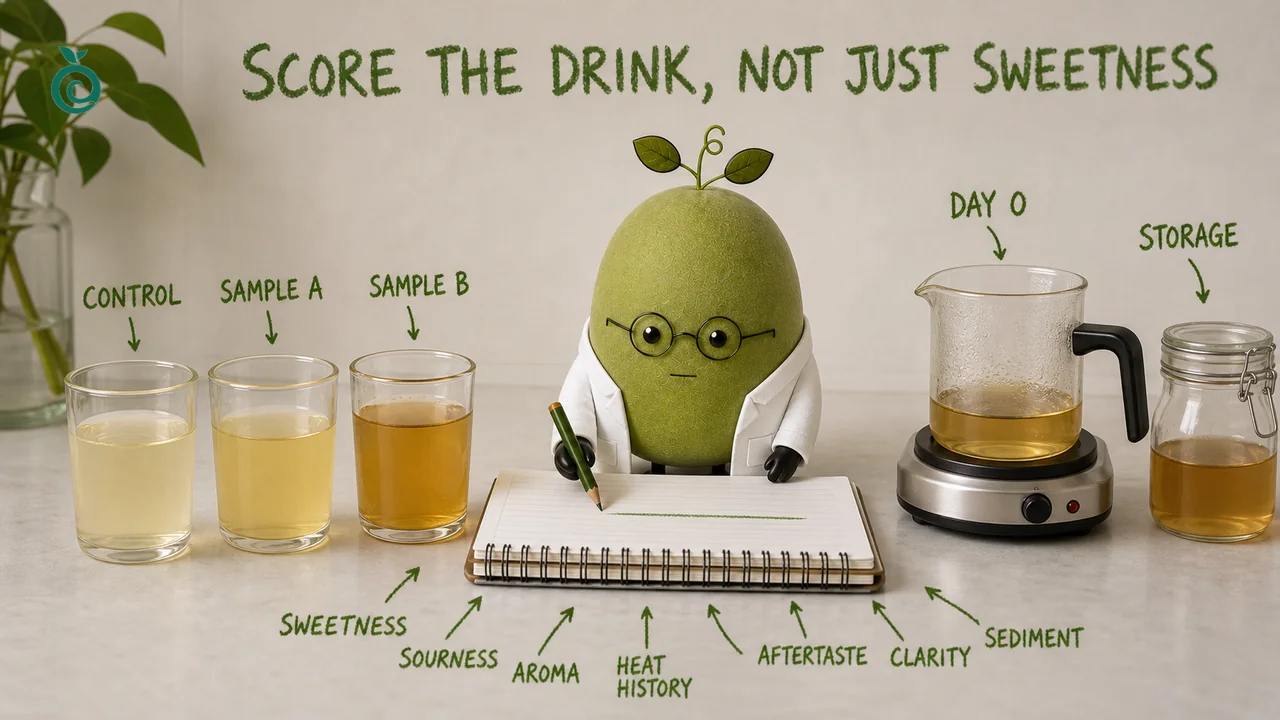 Green Monk Fruit Doctor Xiaohei recording sweetness, sourness, aroma, heat history, clarity and storage rows on a fruit beverage scorecard.