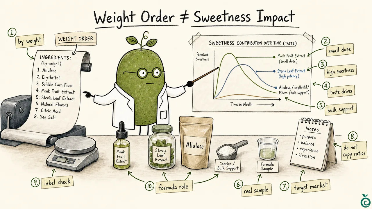 Green Monk Fruit Doctor Xiaohei comparing ingredient list order with sweetness contribution for sweetener formula buyers.