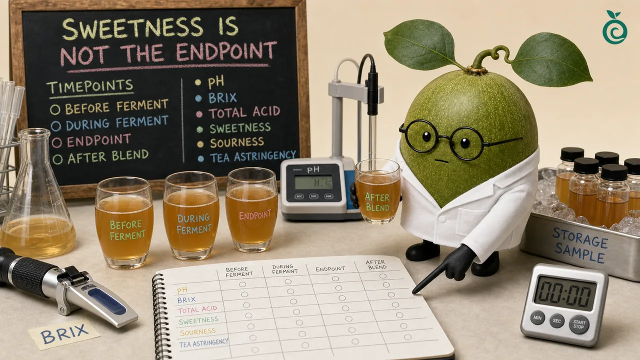 Illustration of Monk Fruit Doctor Xiaohei recording kombucha pH, Brix, titratable acidity and sensory checkpoints.