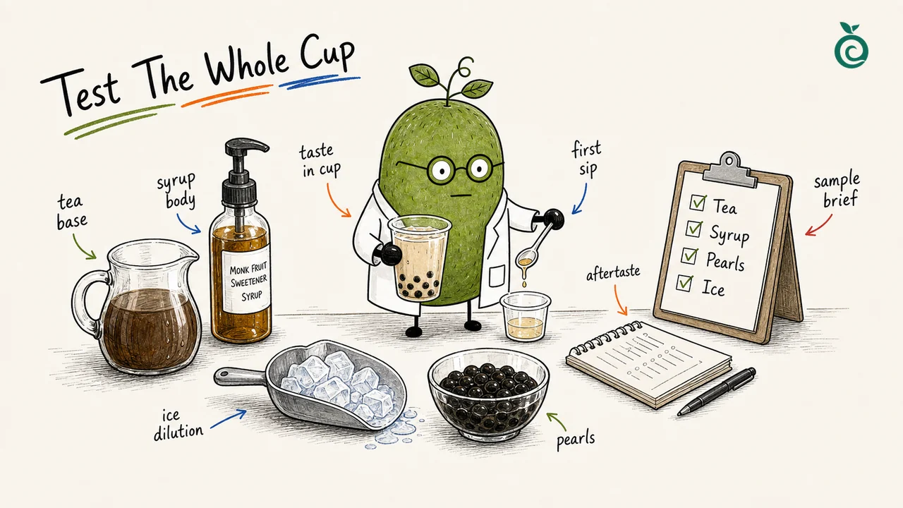 Ian Xiaohei illustration about testing tea base, syrup, ice and pearls in a low-sugar bubble tea sweetener system.