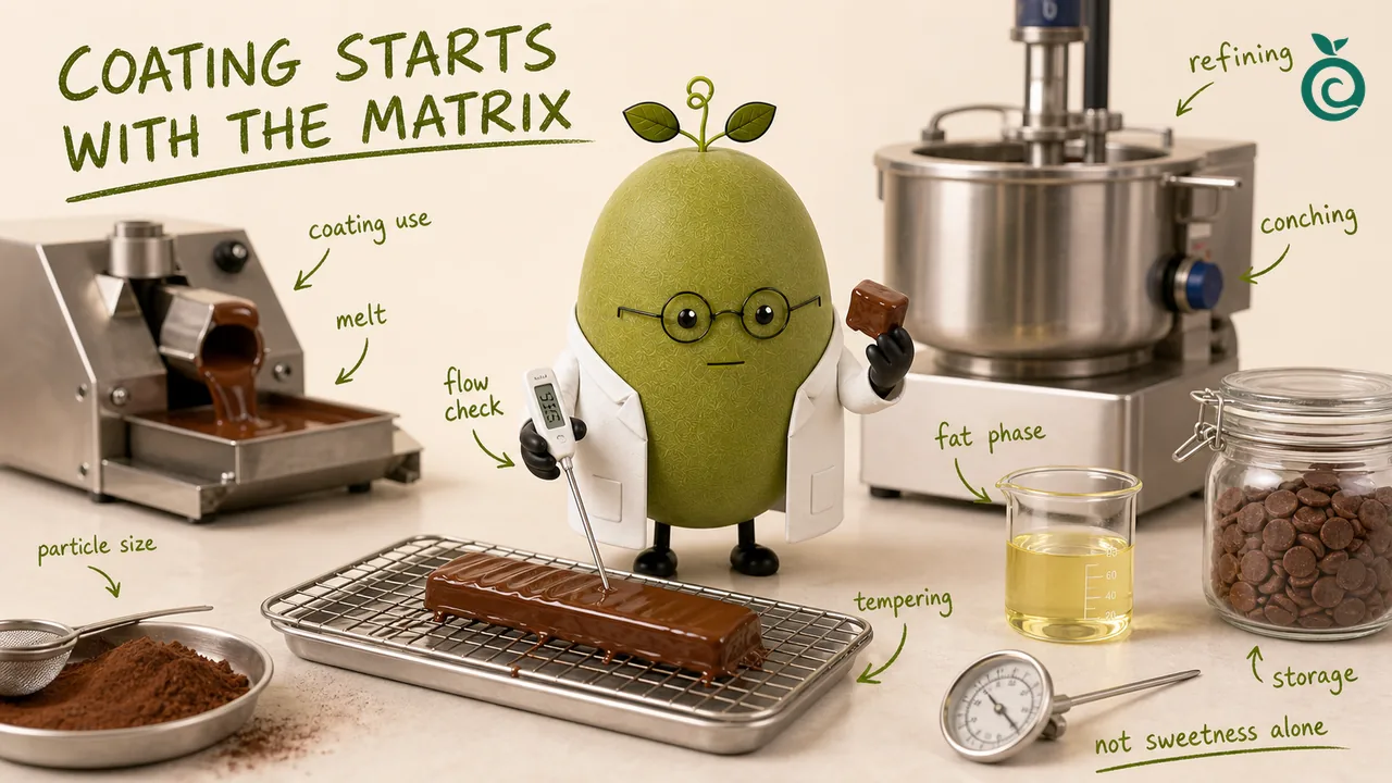 Green Monk Fruit Doctor Xiaohei checking particle size, fat phase and tempering for a low-sugar chocolate coating.