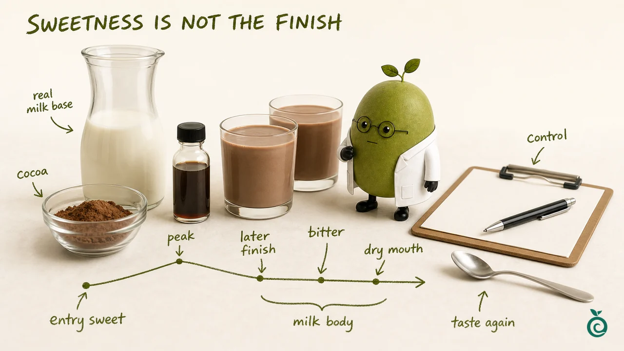 Green Monk Fruit Doctor Xiaohei checking a real-base chocolate milk sweetness timeline, cocoa bitterness and aftertaste.