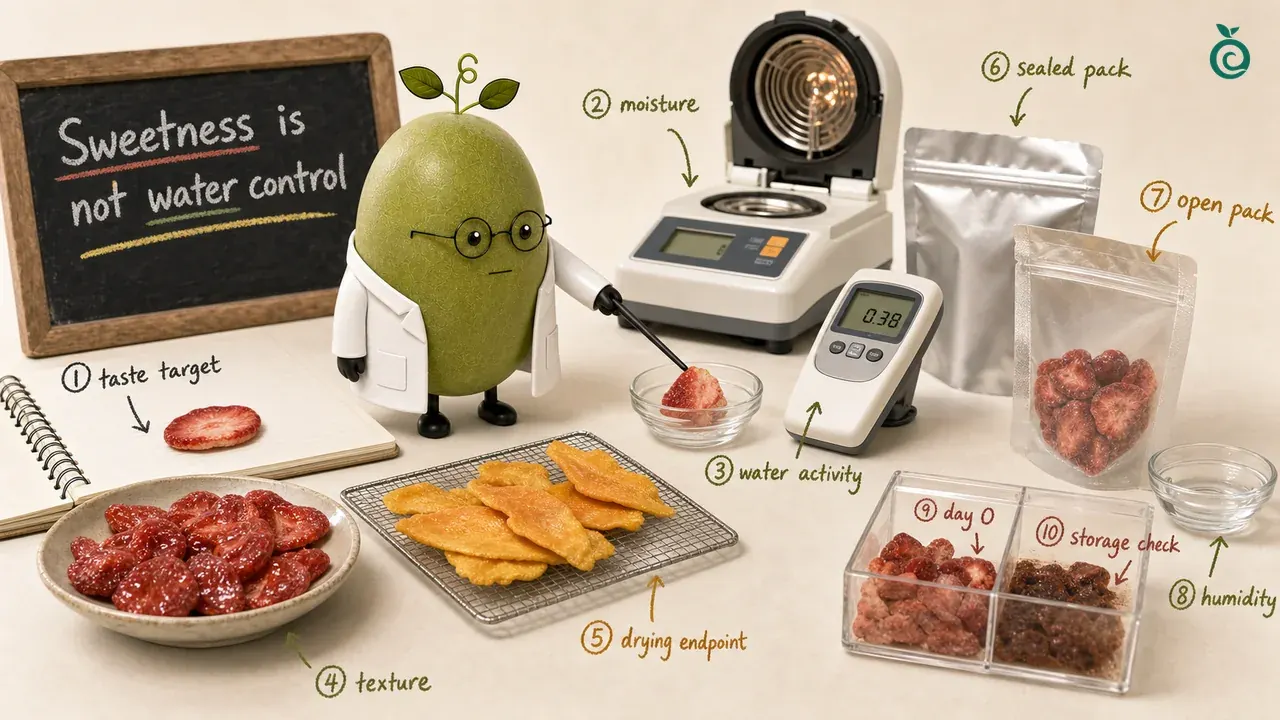 Green Monk Fruit Doctor Xiaohei comparing low-sugar dried fruit samples, water activity and moisture migration notes beside sealed packs.