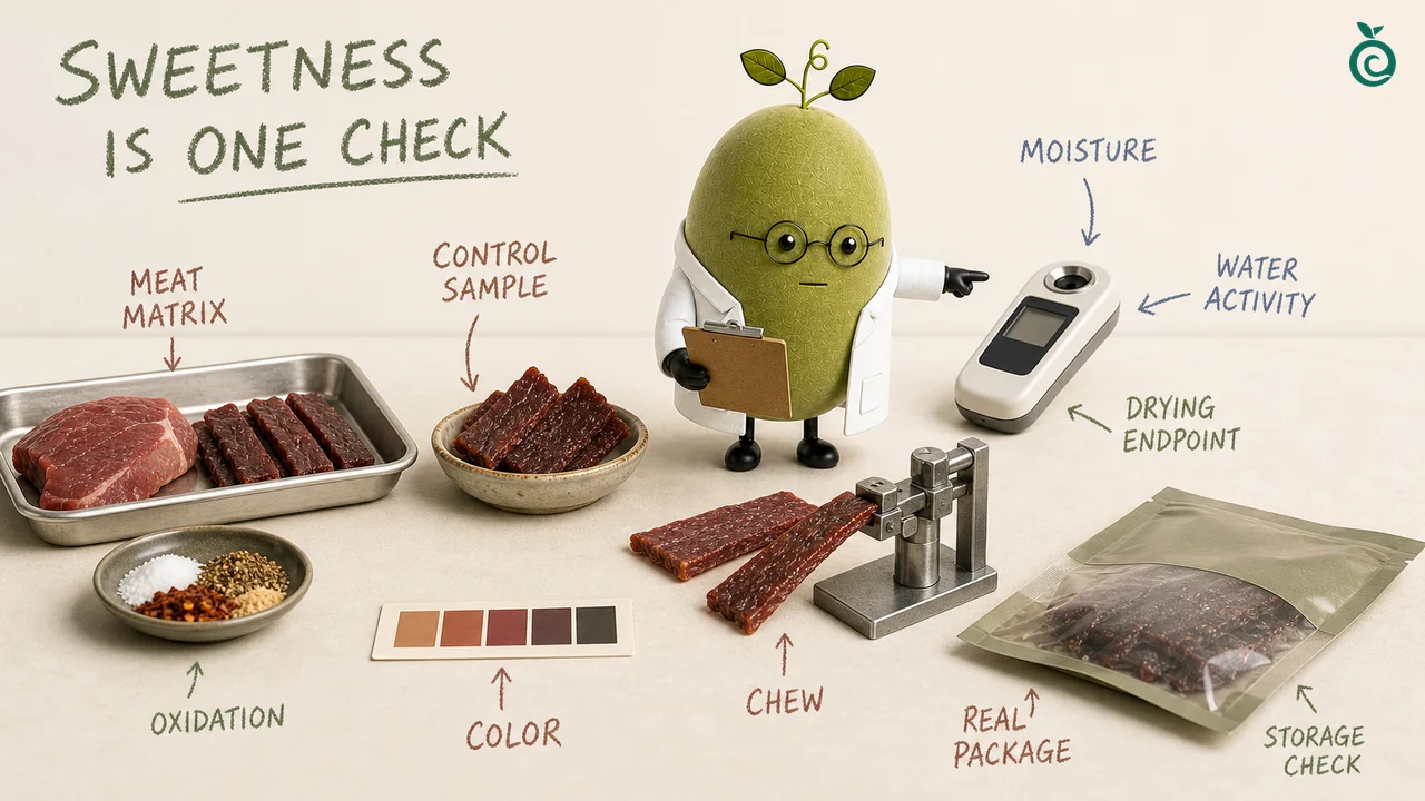 Green Monk Fruit Doctor Xiaohei separating sweetness, moisture, color and chewiness checks on a low-sugar jerky sample bench.