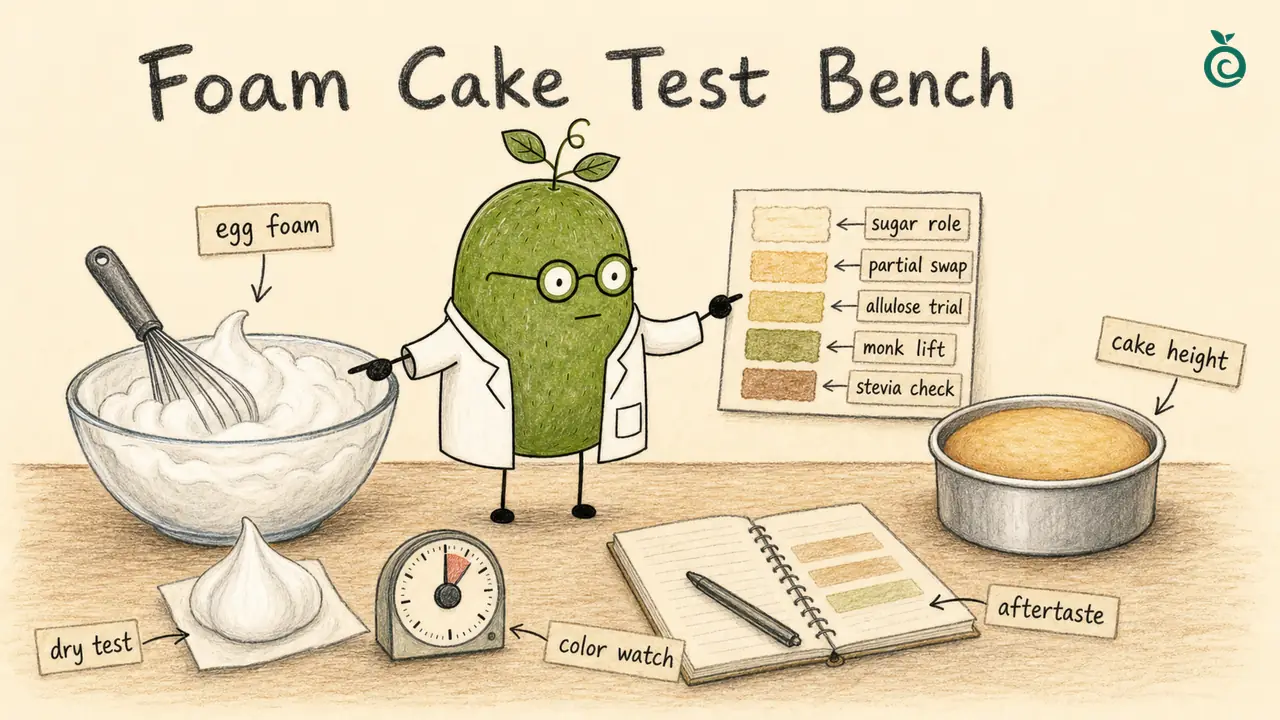 Ian Xiaohei illustration about testing low-sugar meringue and foam cake sweetener replacement variables.