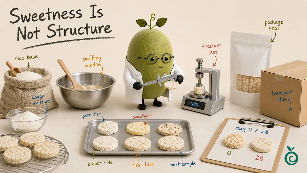 Green Monk Fruit Doctor Xiaohei separating sweetness, puffed structure, moisture and breakage checks on a rice cracker sample bench.
