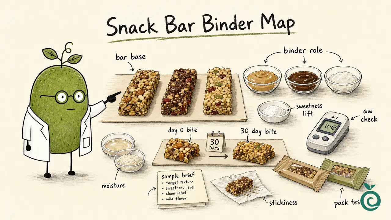 Ian Xiaohei illustration about low-sugar snack bar sweetener binder testing.