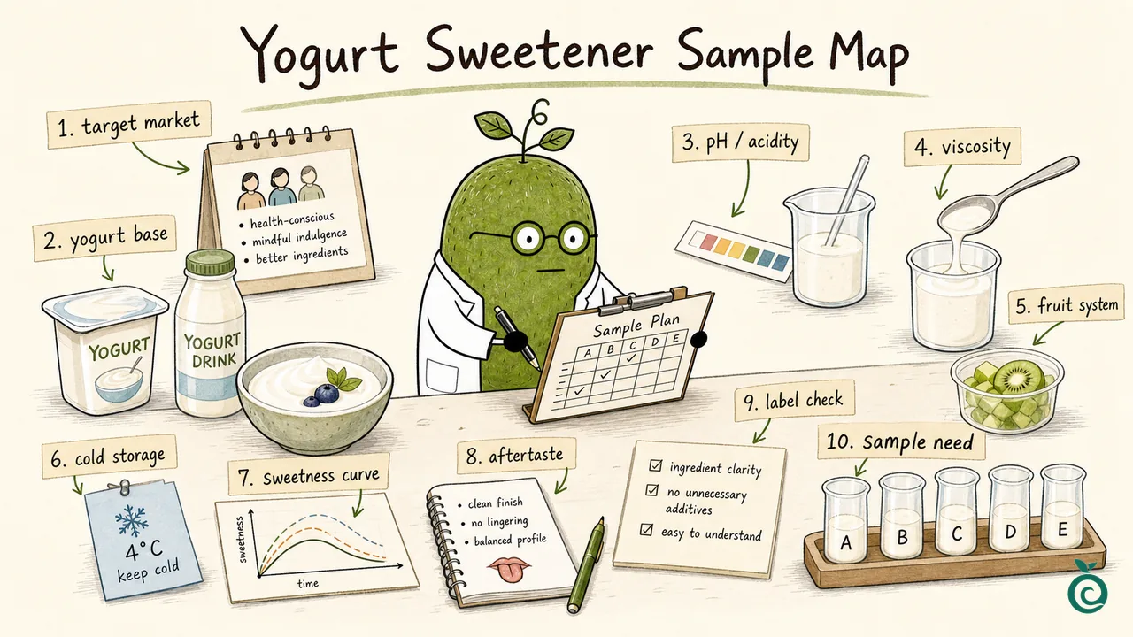 Illustrated yogurt sample map with cultured base, fruit, pH strip, spoon, sample checks and unscaled sweetness curves; the 4 degree C note and consumer figures are props, not validated storage conditions, measurements or a consumer study.