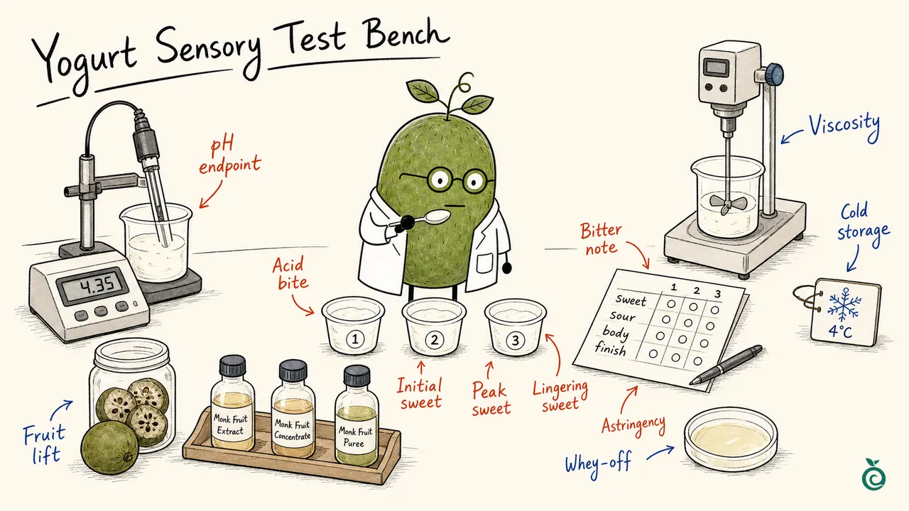 Monk Fruit Doctor tasting coded yogurt cups beside illustrative pH and viscosity instruments, a sensory record and a separate whey-off observation.