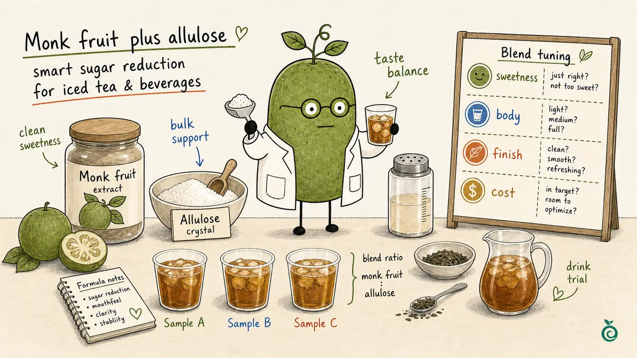 Monk Fruit Doctor comparing three iced-tea samples, with monk fruit extract for sweetness, allulose crystals for bulk, and separate taste and cost checks.