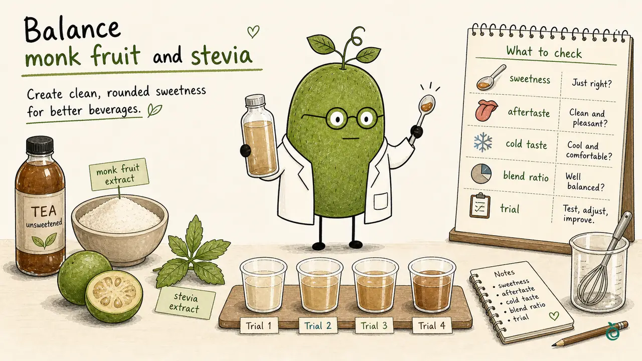 Monk Fruit Doctor comparing coded beverage trials using monk fruit and stevia ingredients, with separate checks for sweetness, aftertaste, cold taste and blend ratio.