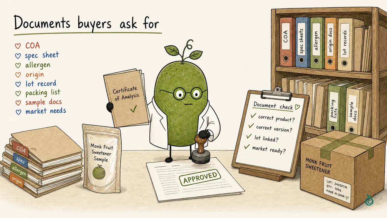 Monk Fruit Doctor comparing COA, specification, origin and lot files with a sample; the illustrated approval stamp is fictional and is not certification evidence.