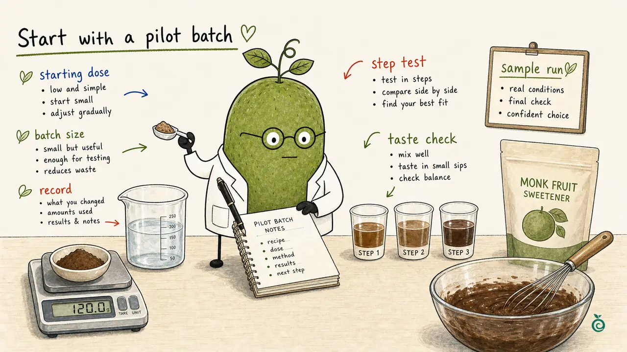 Monk Fruit Doctor following small weighed sweetener additions into a pilot batch record; the cups and notes illustrate the workflow rather than measured trial results.