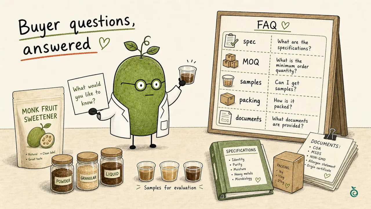 Monk Fruit Doctor with sample cups and a buyer FAQ board for specifications, samples, packaging and documents; package sizes and document labels are illustrative.