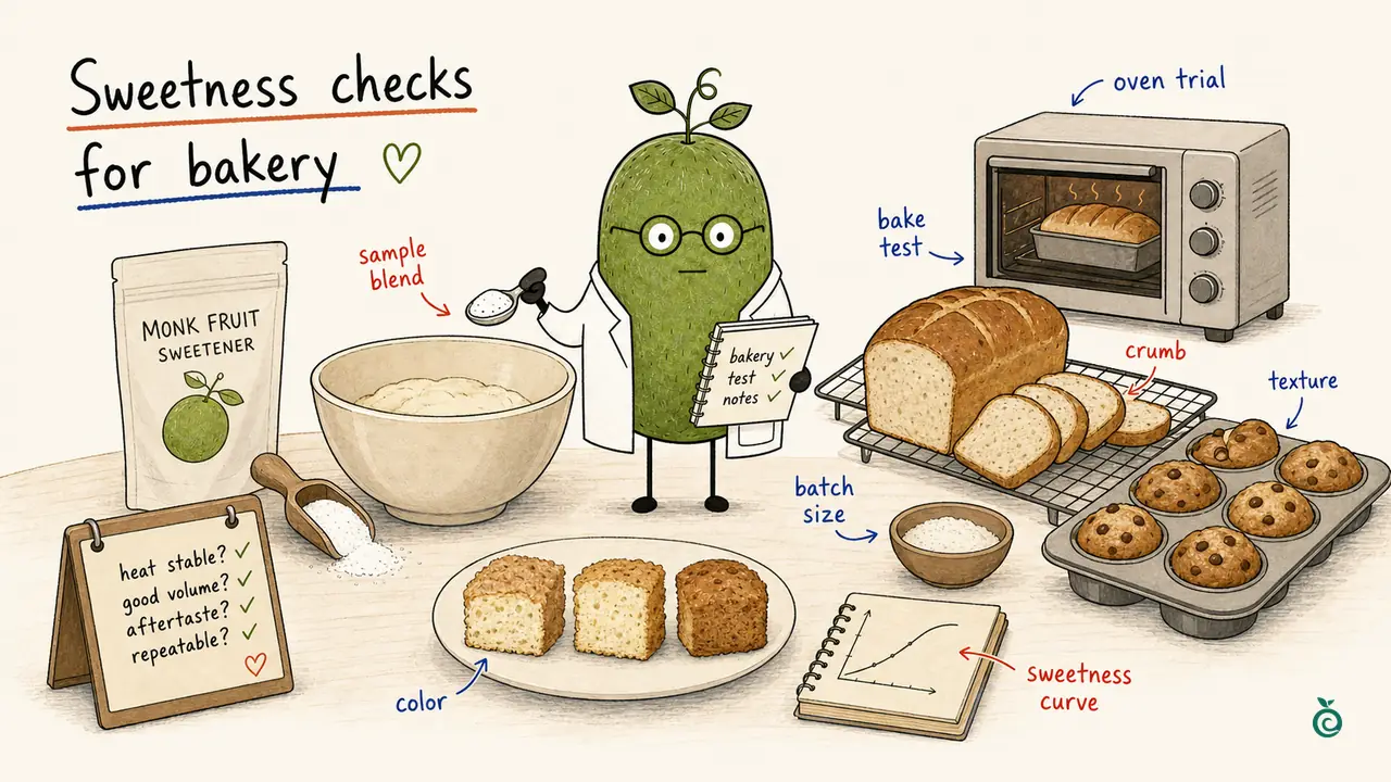 Monk Fruit Doctor comparing a sample blend, oven trial, bread crumb and baked texture; the checkmarks and sweetness sketch illustrate checks rather than measured results.