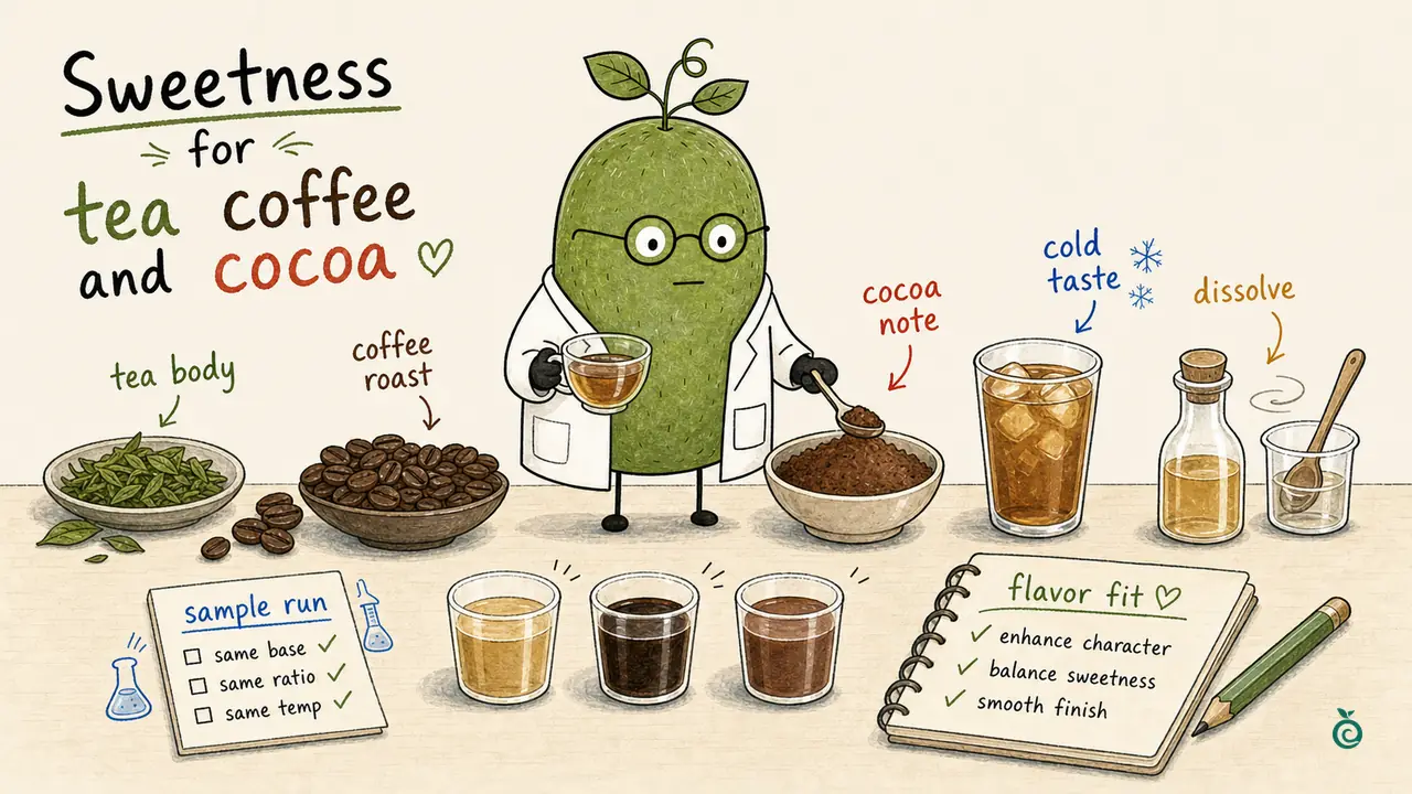 Monk Fruit Doctor with tea, coffee, cocoa and hot/iced sample cups; ticks and flavour notes illustrate comparison conditions rather than measured sensory results.