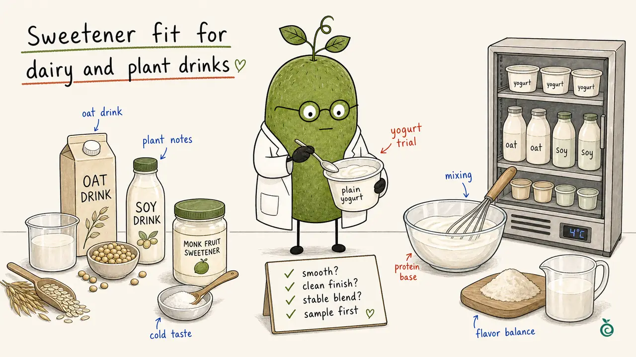 Monk Fruit Doctor comparing dairy, oat, soy and yogurt samples; checklist ticks and a drawn 4°C display are illustrative, not measured results or product storage instructions.
