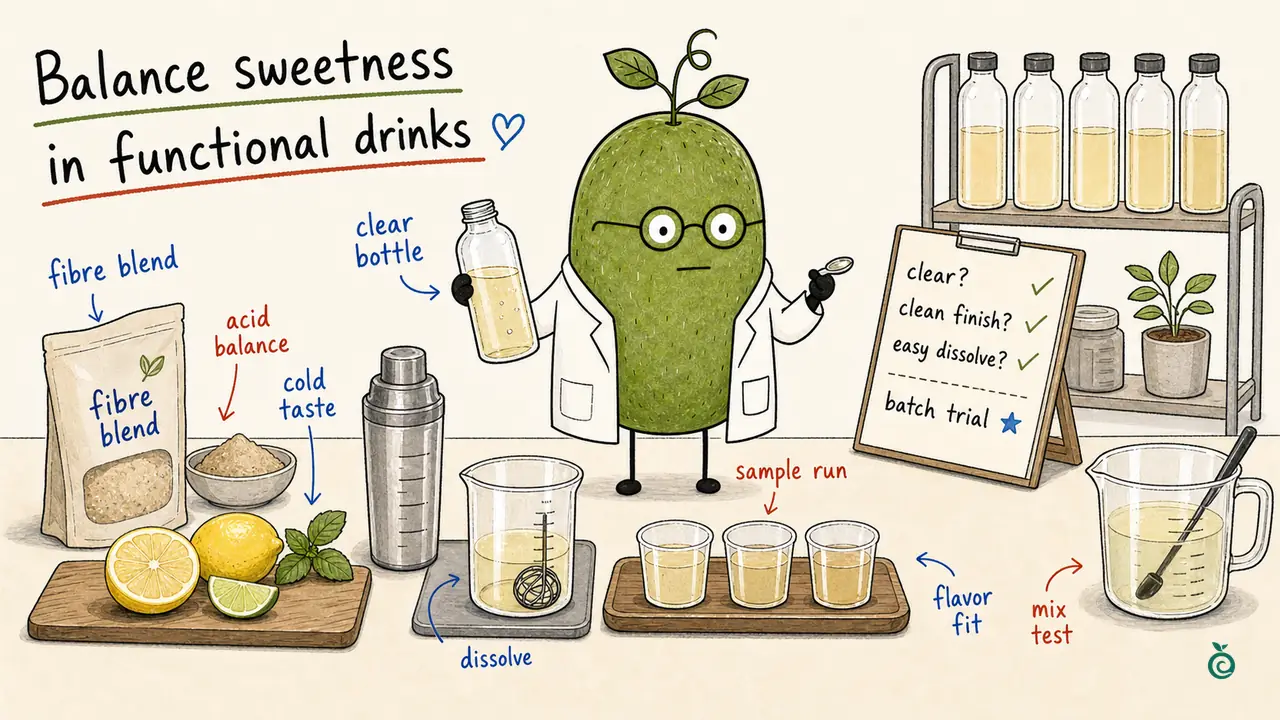 Monk Fruit Doctor with fibre, acid, mixing vessels and drink samples; clear bottles and checklist ticks illustrate trial questions rather than measured product performance.