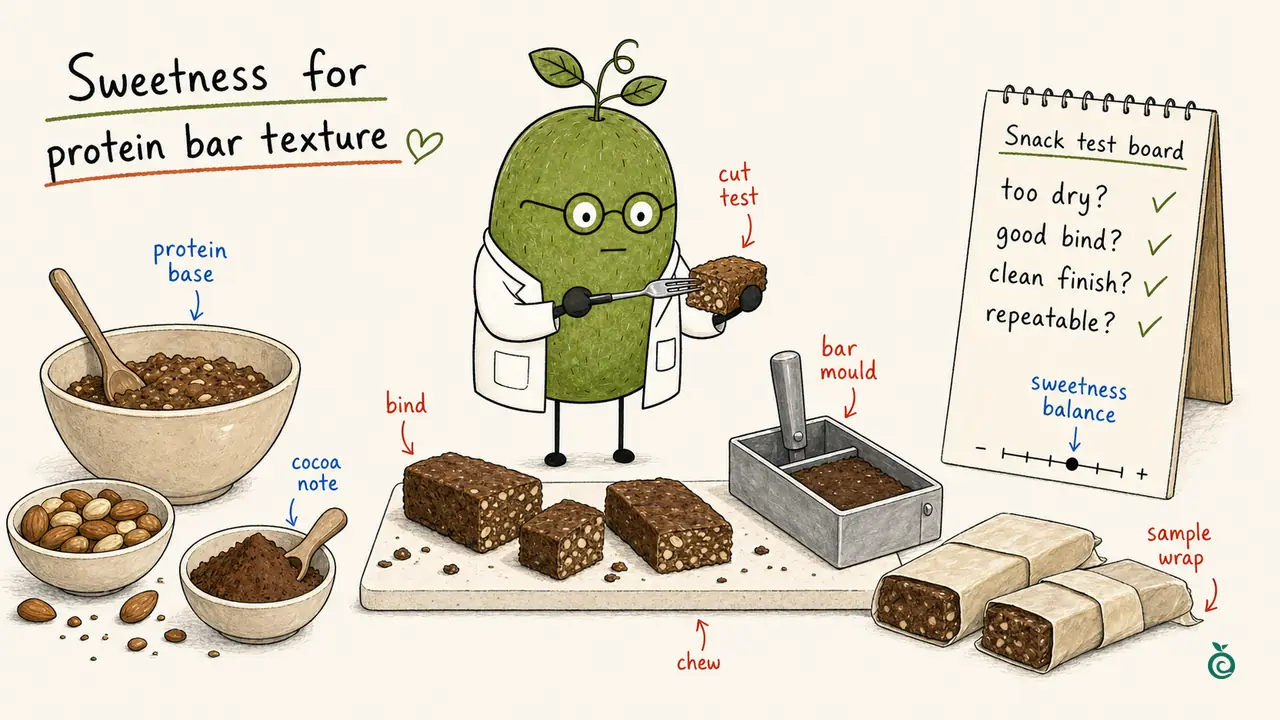 Monk Fruit Doctor with protein-bar mixing, cutting and wrapped samples; the drawn sweetness dial and ticks illustrate checks rather than measured taste or texture results.