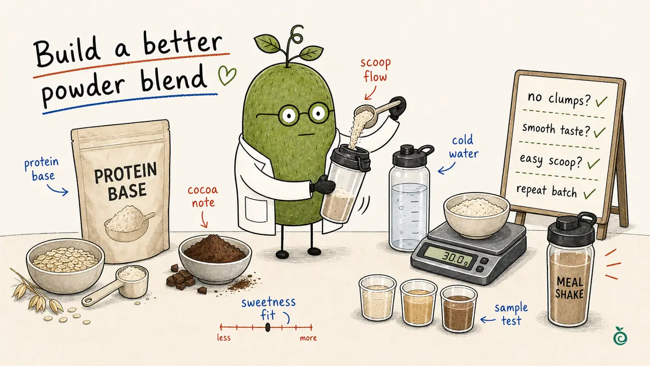 Monk Fruit Doctor with a protein base, scoop, shaker and sample cups; the drawn 30.0 g reading and ticks are illustrative, not a serving recommendation or measured result.