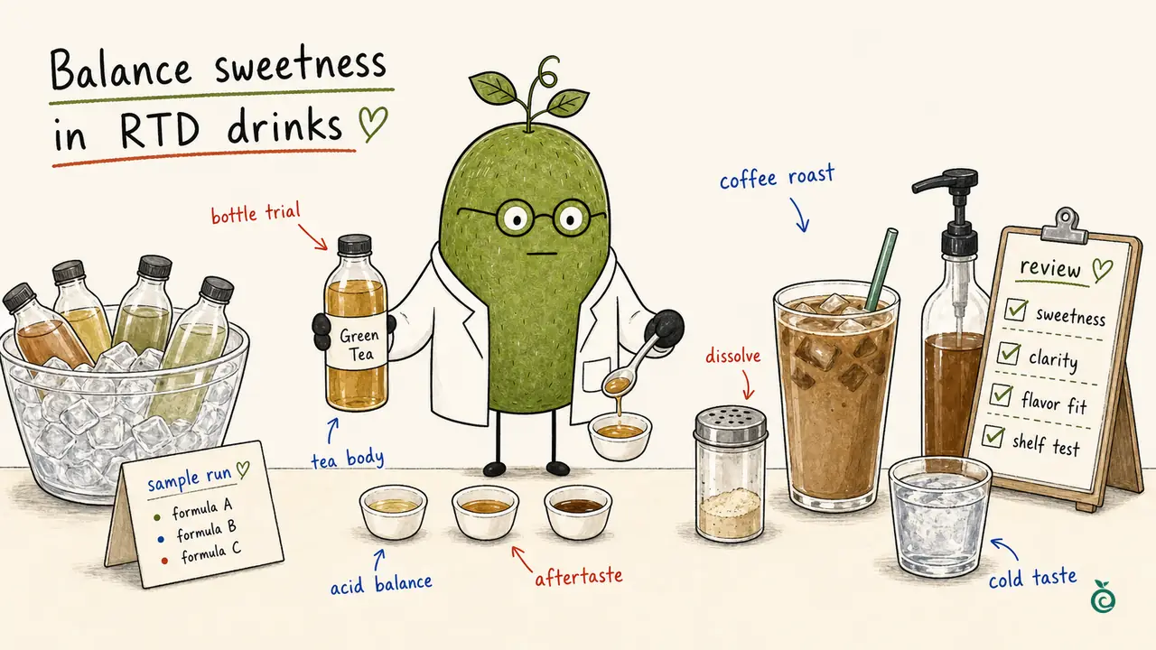 Monk Fruit Doctor with tea and coffee bottle samples and iced cups; sample labels and ticks illustrate checks rather than measured storage, taste or safety results.