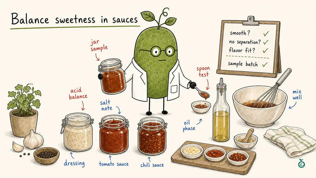 Monk Fruit Doctor with dressing, tomato and chilli sauce samples and acid, salt and oil-phase checks; ticks illustrate trial questions rather than measured stability or taste results.