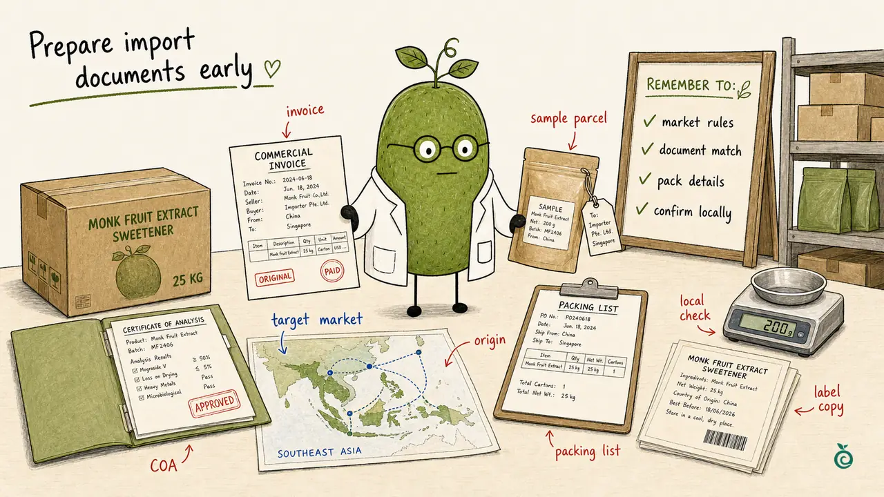Monk Fruit Doctor comparing an illustrative COA, invoice, packing list and label for an import project; names, values, stamps and shipping route are fictional, not approval or shipment evidence.
