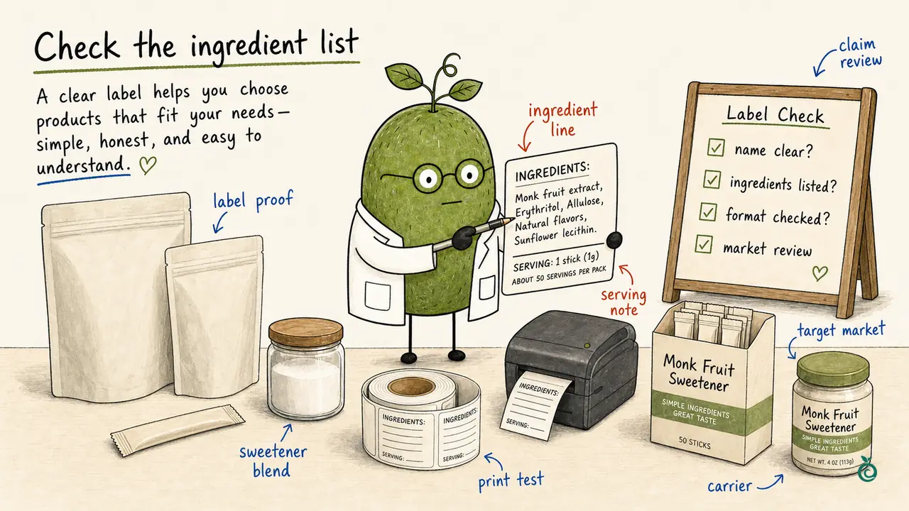 Monk Fruit Doctor reviewing a fictional ingredient line, serving note and packaging proof; the ingredient order, pack weights, serving counts and ticks are not Hengliyuan specifications or approved artwork.