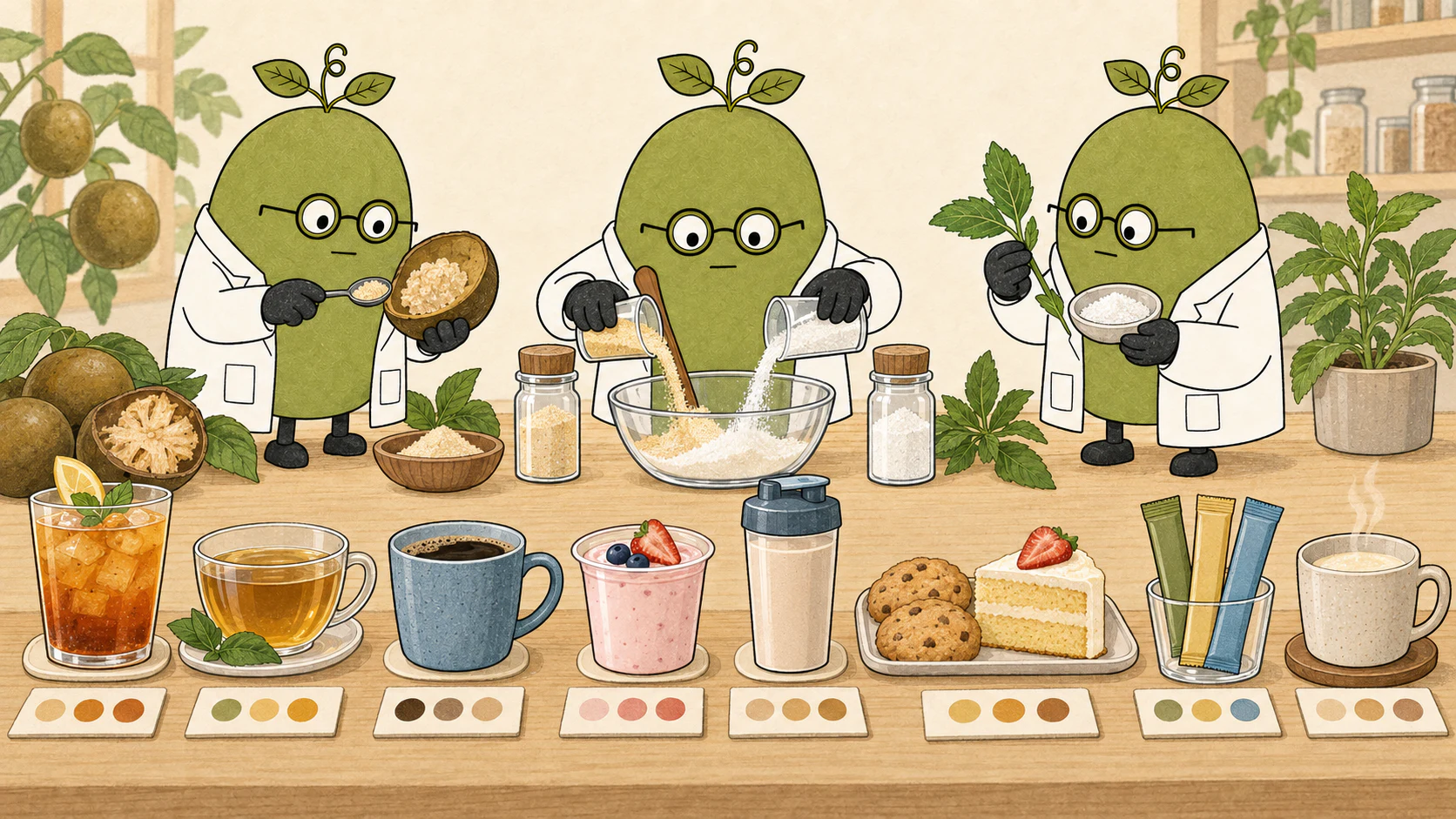 Monk Fruit Doctor comparing monk fruit, stevia and a blend across drinks, dairy, protein and bakery; colours, bowls and sample cards illustrate comparison questions, not measured rankings or a production recipe.