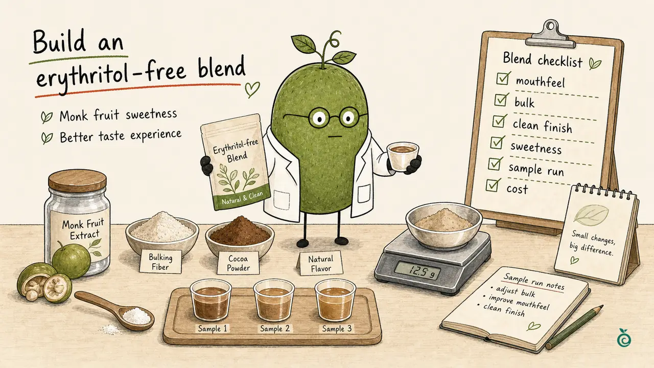 Monk Fruit Doctor comparing bulk, mouthfeel, sweetness and sample preparation for an erythritol-free concept; ingredients, pack claims, sample colours and 12.5 g reading are illustrative, not a formula or measured result.