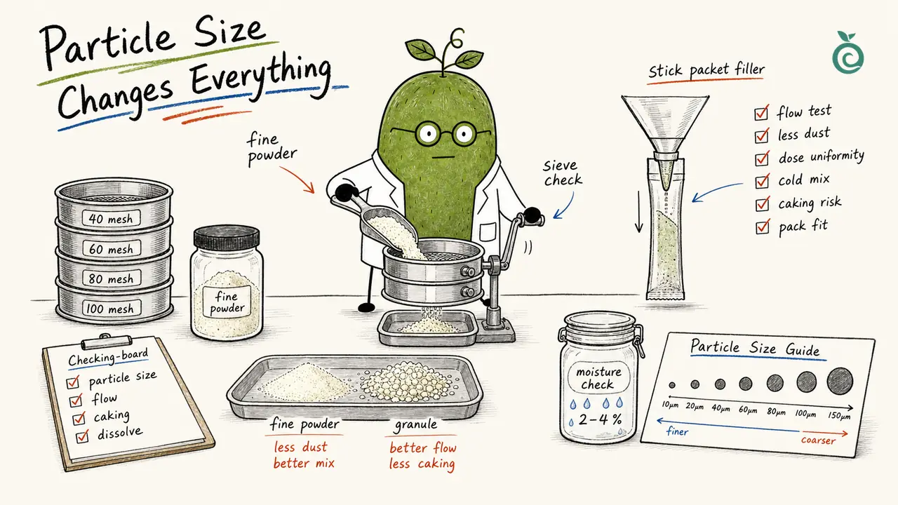Monk Fruit Doctor sieving powder and assessing granules, filling and moisture; mesh and micron labels, 2–4% moisture and handling checkmarks are illustrative, not specifications or measured performance.
