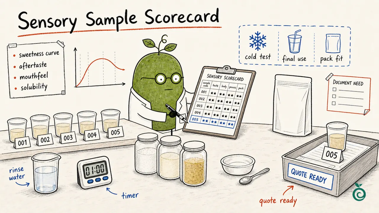 Monk Fruit Doctor recording coded sensory samples; 001–005 codes, stars, 01:00 timer, selected cup and quote-ready label are illustrative, not results, rankings or a required tasting interval.