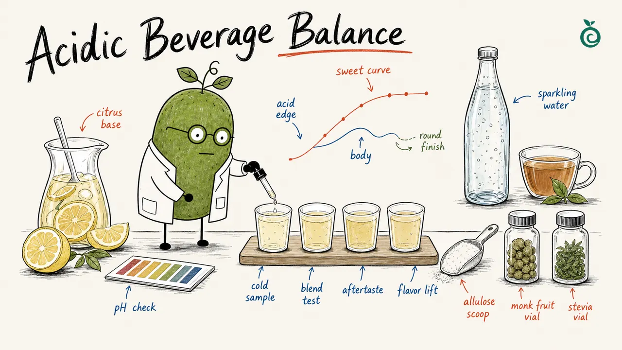 Concept illustration of chilled acidic beverage testing: citrus base, pH check, carbonation, mouthfeel and finish; drawn curves are not measured results.