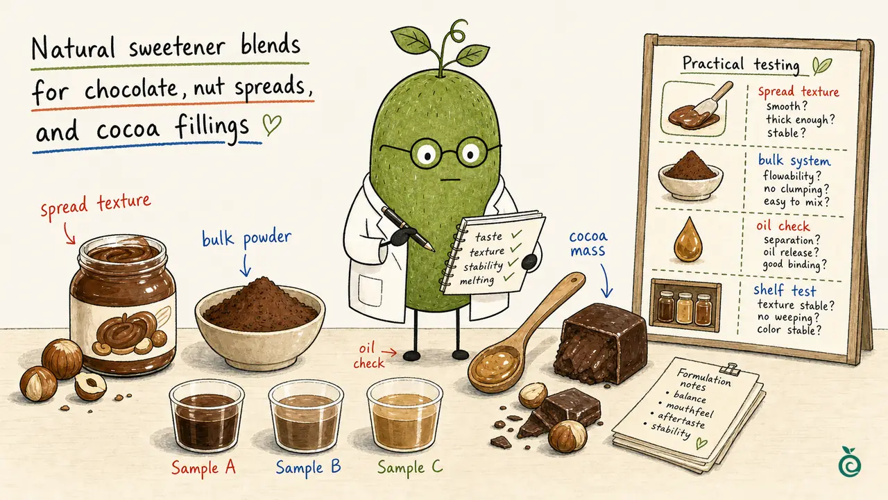 Concept illustration of chocolate spread testing: texture, bulk powder, oil separation and storage; sample A/B/C and check marks are illustrative, not trial results.