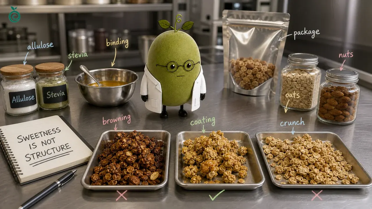 Concept scene of cereal sweetness, binder, browning, coating and crunch checks; tray colors and ticks are illustrative, not a measured sample ranking.