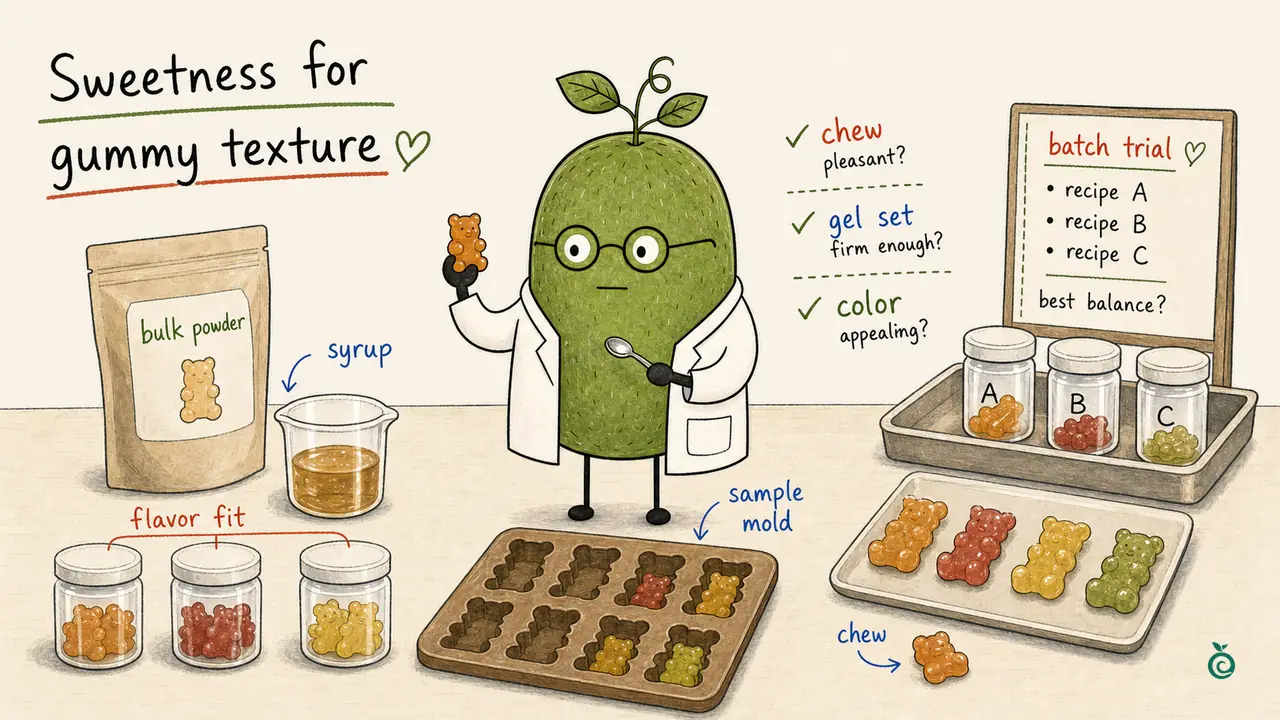 Concept illustration of gummy sweetness, gel set, chew and flavor checks; recipe A/B/C, colored samples and ticks are illustrative, not measured trial results.