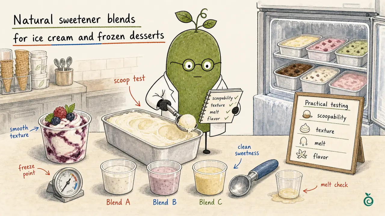 Concept illustration of scoopability, texture, melt and flavor checks; Blend A/B/C, ticks and the dial are illustrative, not measured frozen-dessert results.