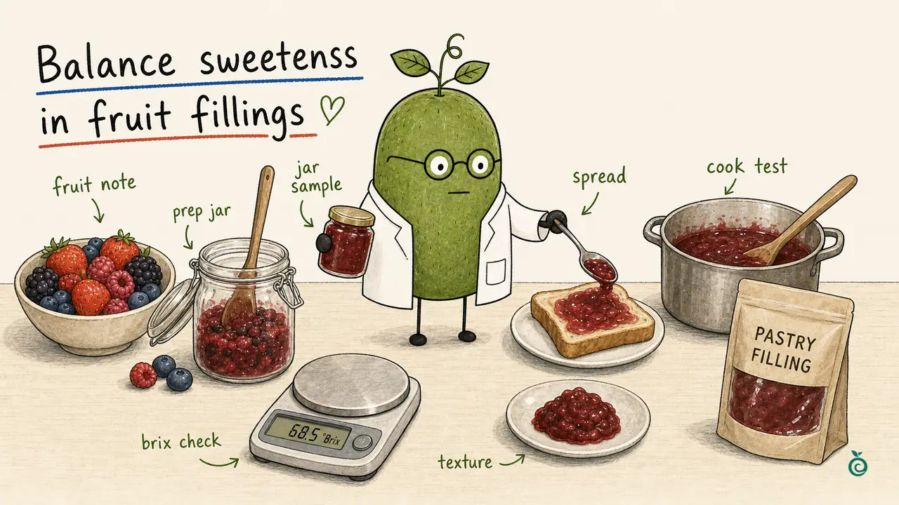 Concept illustration of fruit flavor, cooking, spread and texture checks; the drawn scale and 68.5 Brix display are fictional, not a measurement or jam target.