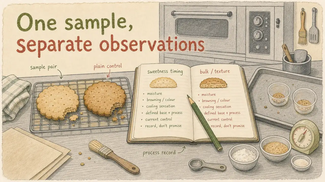 Concept illustration of paired bakery samples and separate sweetness, bulk, moisture, browning and cooling notes; drawn cookies, dial and records are illustrative, not measured trial results.