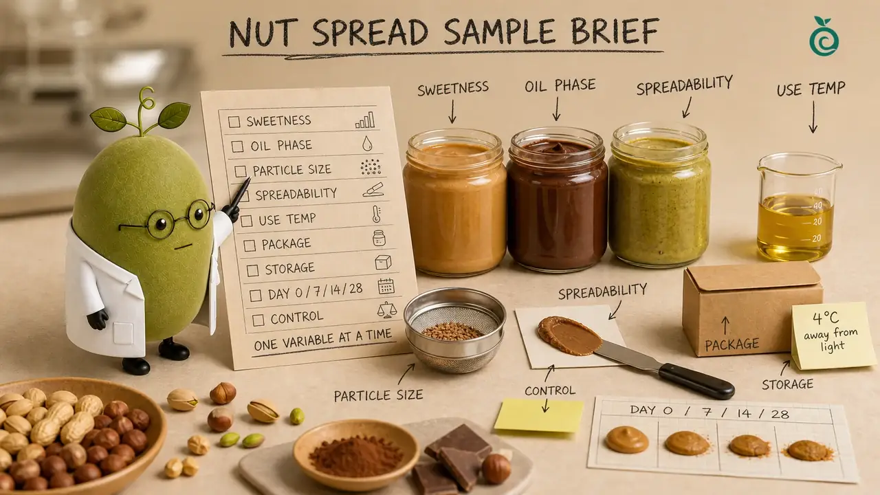 Concept scene of nut-spread sweetness, oil, particle, use-temperature and storage checks; jars, beaker marks, day codes and 4 C note are illustrative, not trial results or storage instructions.