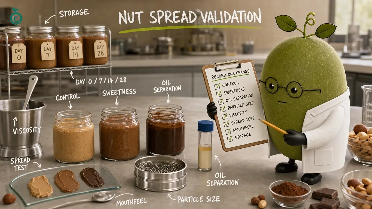 Concept scene of nut-spread control, oil, particles, texture and storage records; drawn ticks, jars and day 0/7/14/28 labels are illustrative, not trial results or acceptance criteria.