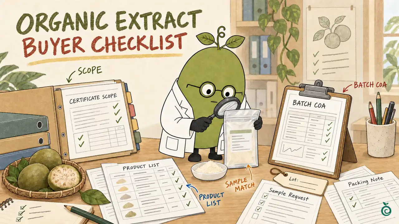 Illustration of matching an organic operation certificate, product list, batch COA and sample; drawn documents and check marks are examples, not actual certificates or batch results.