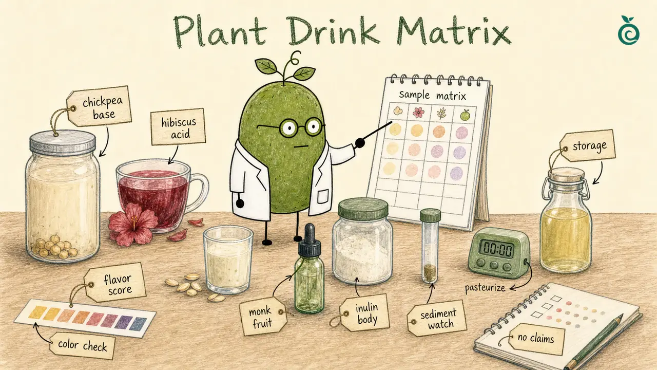 Illustration linking plant base, hibiscus, sweetener, body, sediment and processing records; drawn sample colors, dropper and timer are illustrative, not measured trials or a processing specification.