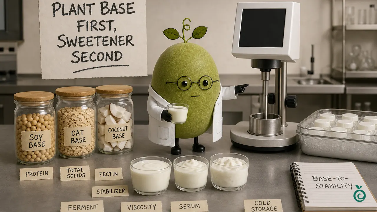 Concept scene of soy, oat and coconut bases, solids, stabilizer, viscosity and serum checks; cups and instrument illustrate questions, not measured results or a verified process.