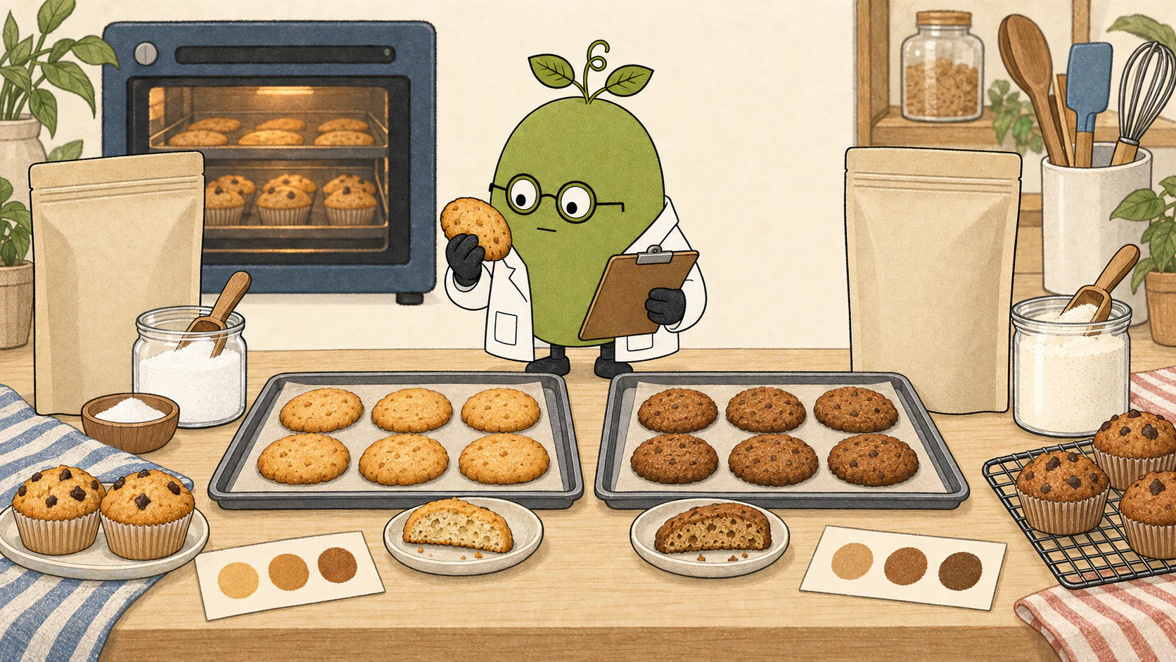Concept illustration of baking sweetener pouches beside lighter and darker baked goods; it shows comparison questions, not measured color results, pack sizes or a tested replacement ratio.