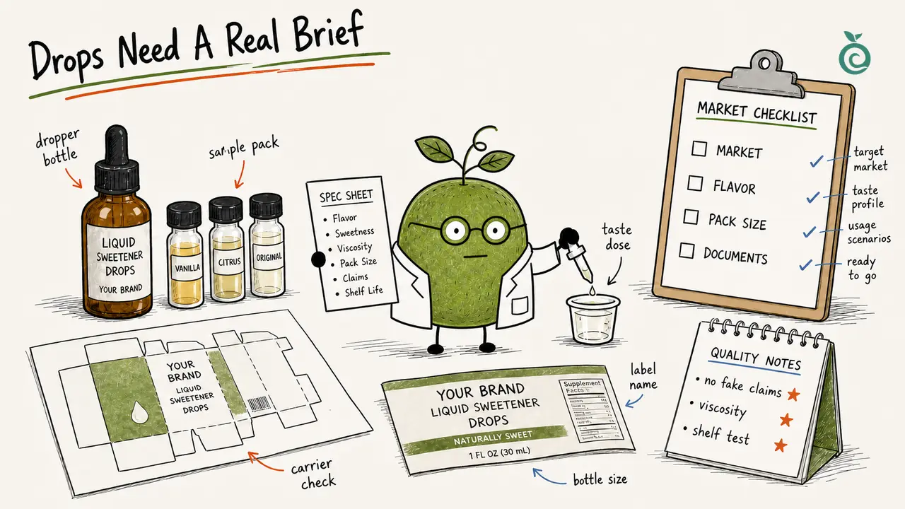 Concept illustration of liquid sweetener drops, bottle, flavor samples and a market checklist; bottle size, flavors, label panels and checkmarks are placeholders, not verified product specifications.