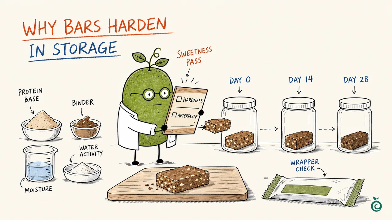 Concept illustration of protein, binder, moisture, water activity and wrapper checks around protein bars at days 0, 14 and 28; the jars and bar appearances are schematic, not measured storage results.