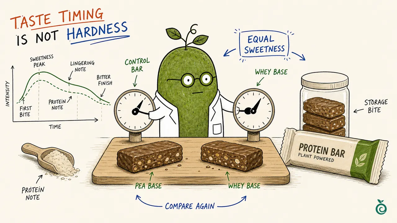 Concept illustration contrasting taste timing within a bite with protein-bar storage checks; drawn curves, clocks, protein labels and the plant-powered pack are schematic, not measured profiles or a verified ingredient declaration.